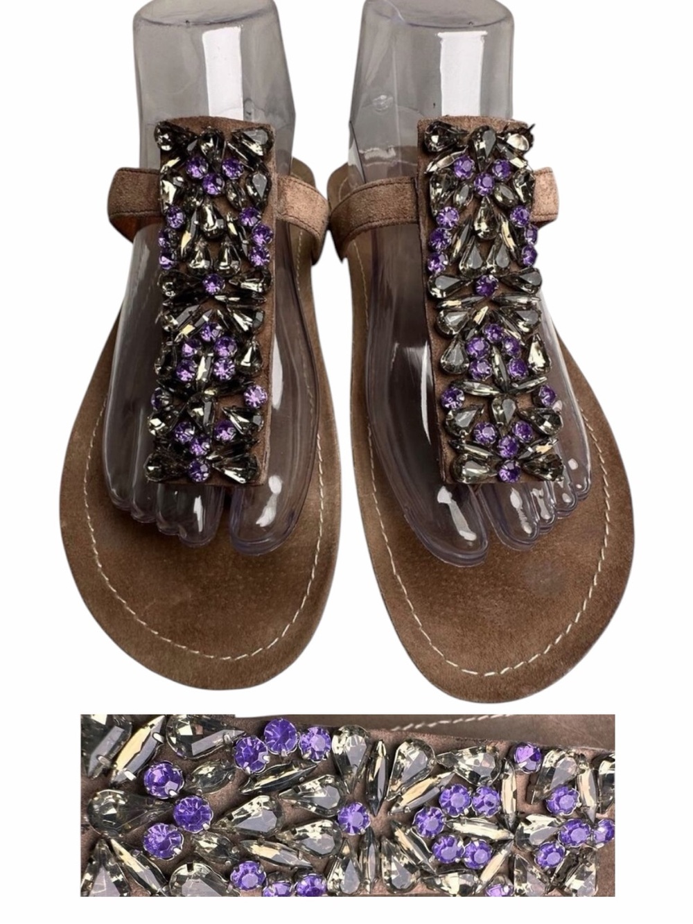 Apepazza Anthropologie Suede Jeweled Thong Sandals Purple Tan Size 8